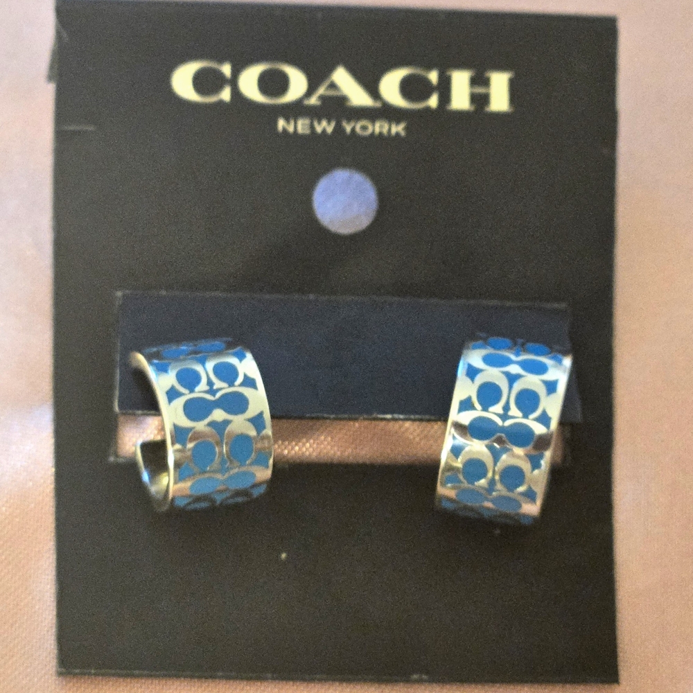 Coach Blue and Silver Hoop Earrings with Signature C Pattern